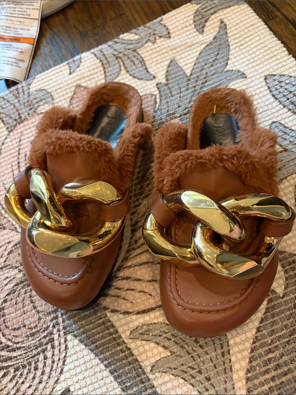 JW ANDERSON Brown Fur-Trim Leather Mules with Oversized Gold Chain